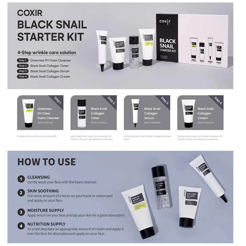 Coxir Black Snail Collagen Starter Kit (Σετ 4 Τεμαχίων) – Ολοκληρωμένο K-Beauty Αντιγηραντικό Πρωτόκολλο Σύσφιξης, Ανάπλασης & Lifting