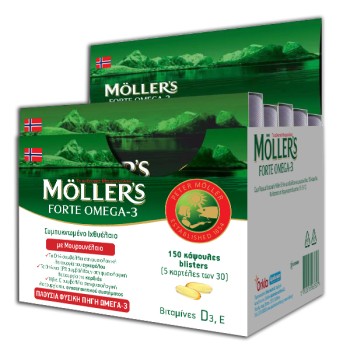 Moller's Forte Omega-3 Μουρουνέλαιο και Ιχθυέλαιο με Vitamin D3 και E, (5χ30) 150 κάψουλες