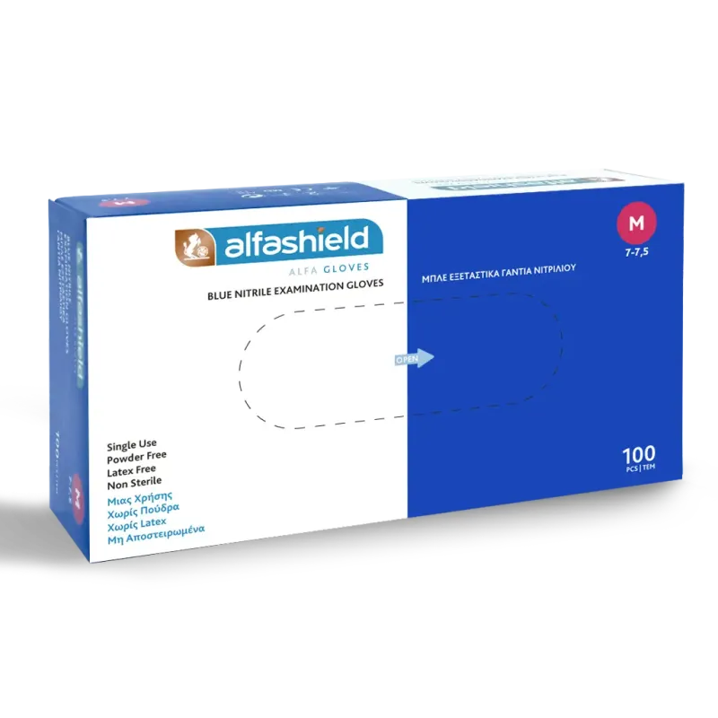 Alfashield Εξεταστικά Γάντια Νιτριλίου Χωρίς Πούδρα Medium 100 τεμάχια 