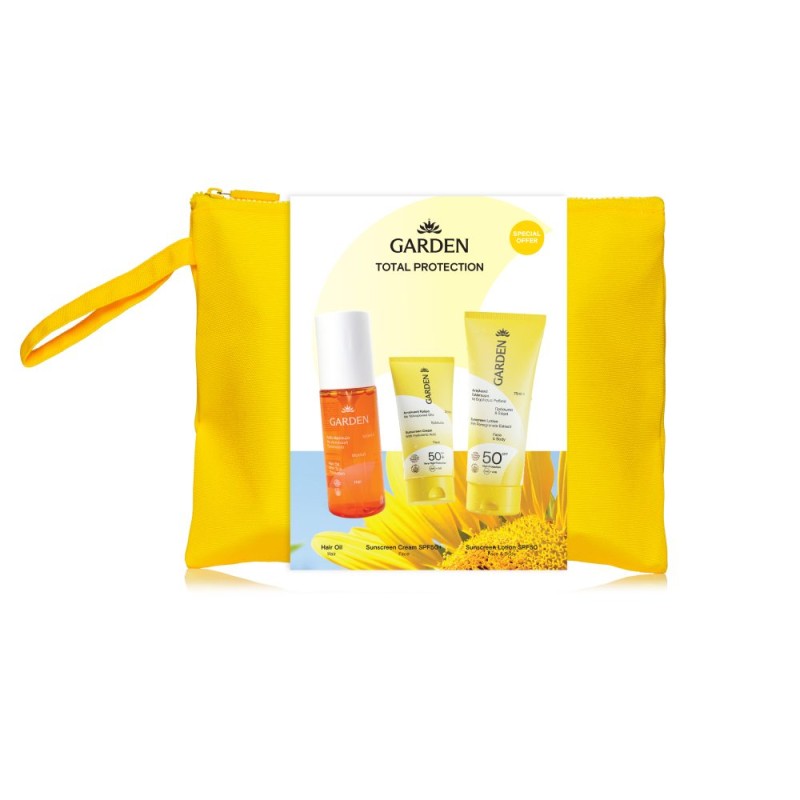 Garden Set Total Protection Sun Bag with Sunscreen Lotion Spf50 for Face & Body, 75ml & Face Cream Spf50+,25ml & Hair Oil, 100ml