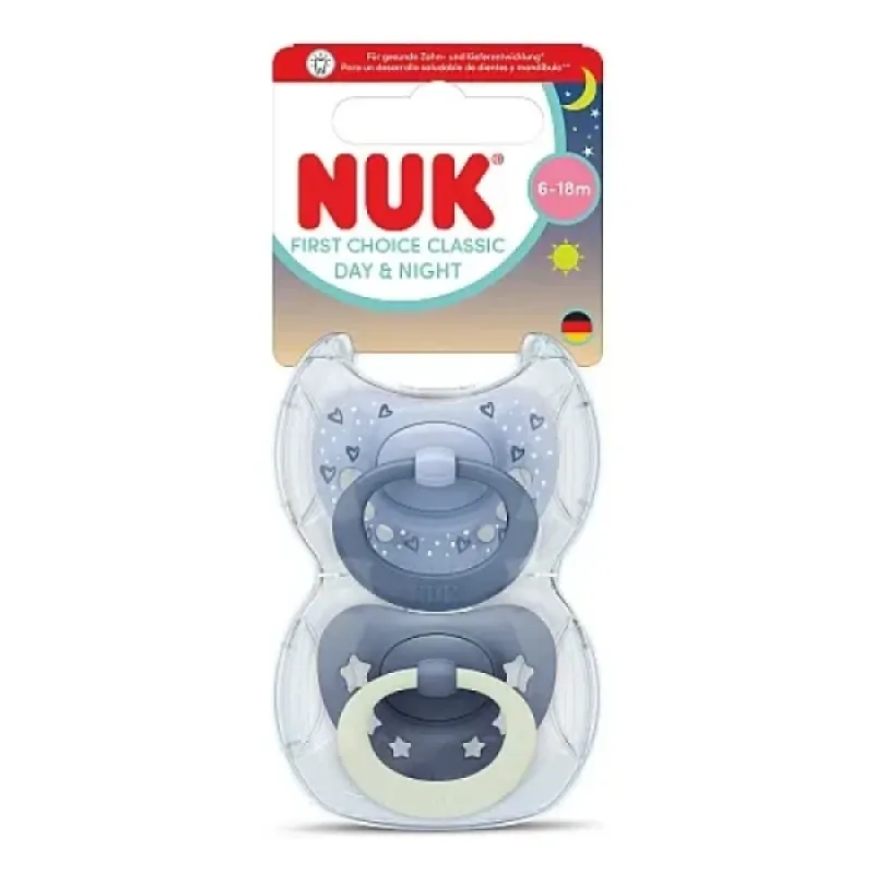 NUK First Choice Classic Day & Night Πιπίλες Σιλικόνης Μπλε με Θήκη (6-18 μηνών, 2 τεμάχια)
