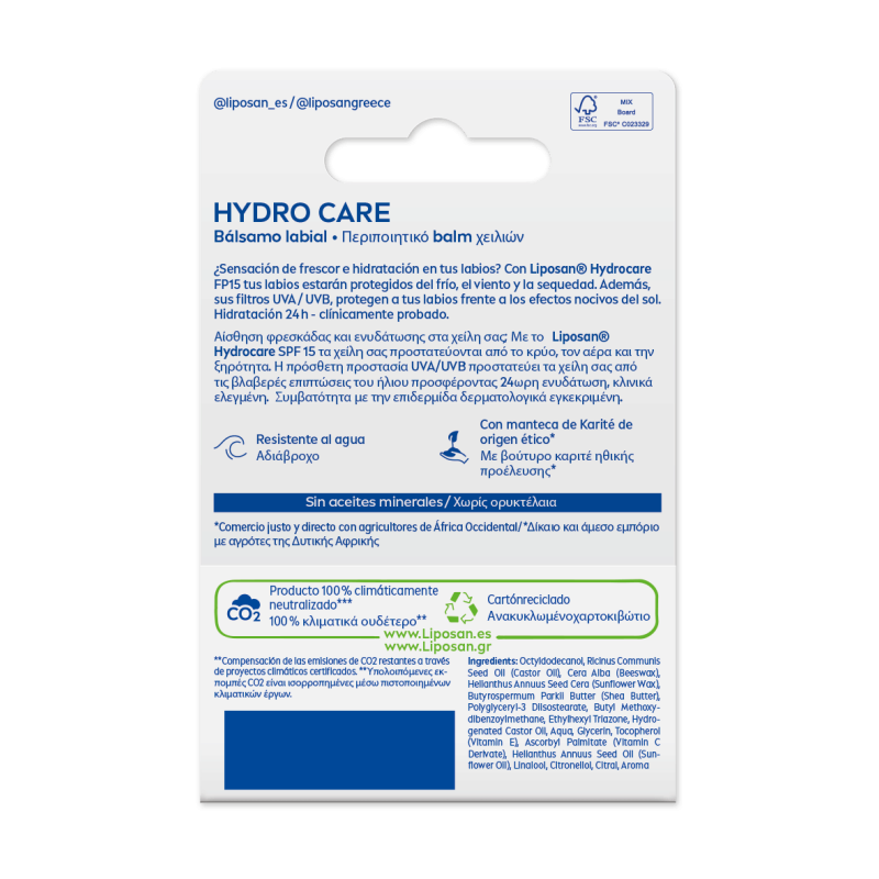 Liposan Hydro Care SPF15,  Ενυδατικό Χειλιών χωρίς Χρώμα 4.8g