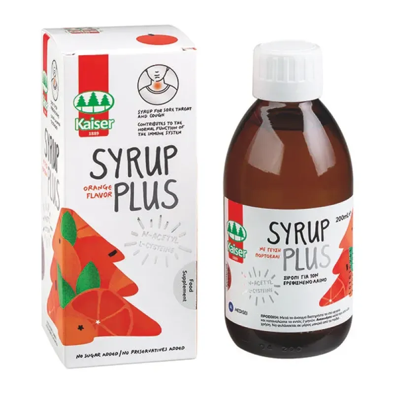 Kaiser Syrup Plus Orange Φυτικό σιρόπι για τον λαιμό, με γεύση πορτοκάλι  Χωρίς πρόσθετη ζάχαρη και συντηρητικά, κατάλληλο για ενήλικες και παιδιά άνω των 12 ετών, 200ml