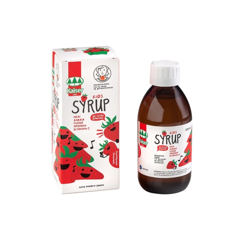 Kaiser Kids Syrup Strawberry Παιδικό αρωματικό σιρόπι για τον λαιμό, με γεύση φράουλα, με 100% φυτικά συστατικά, χωρίς πρόσθετη ζάχαρη